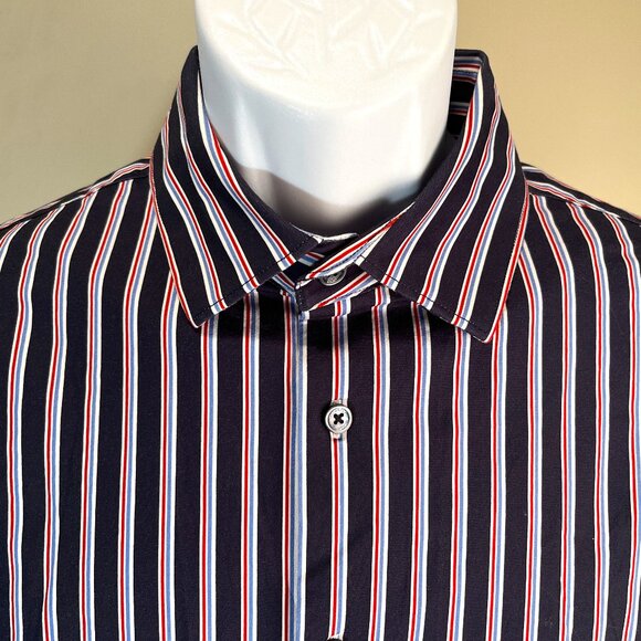 BUGATCHI Men's blue, red and white Comfort Stretch short sleeve shirt Large L - Picture 1 of 4